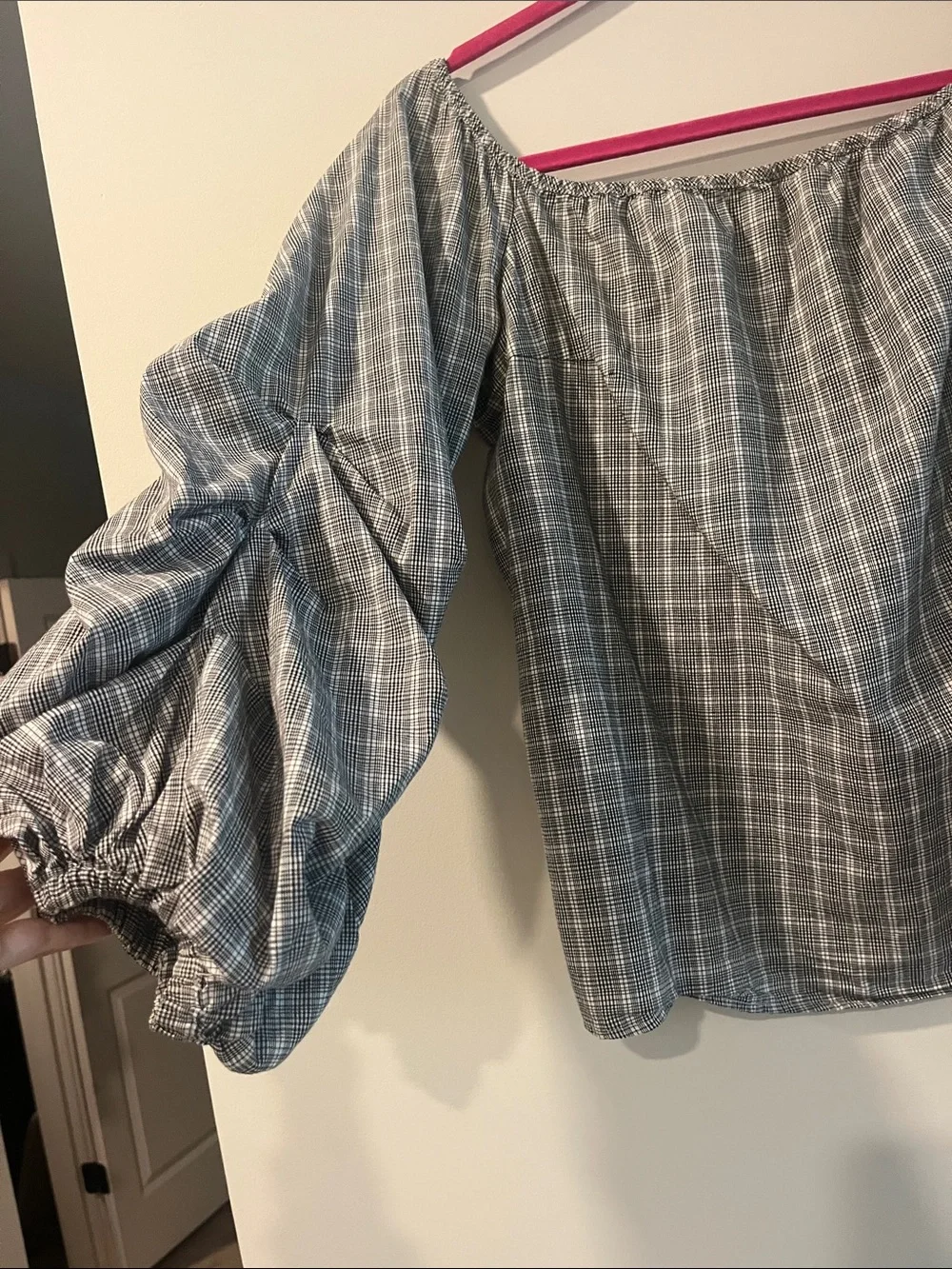 Anthropologie Gray Plaid Off-Shoulder Puff Sleeve Top